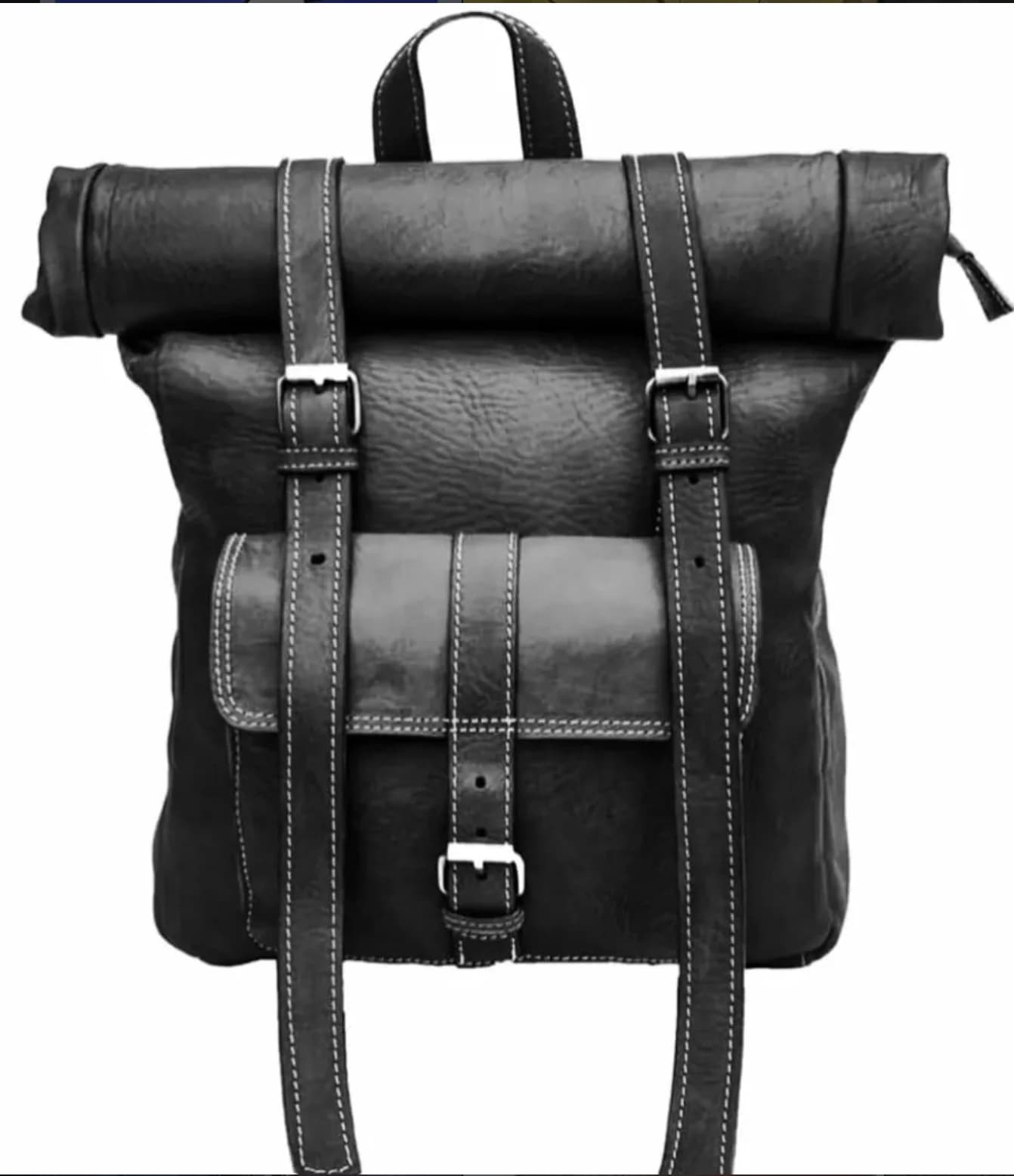 Sac à dos roll-top en cuir noir à sangles boucle