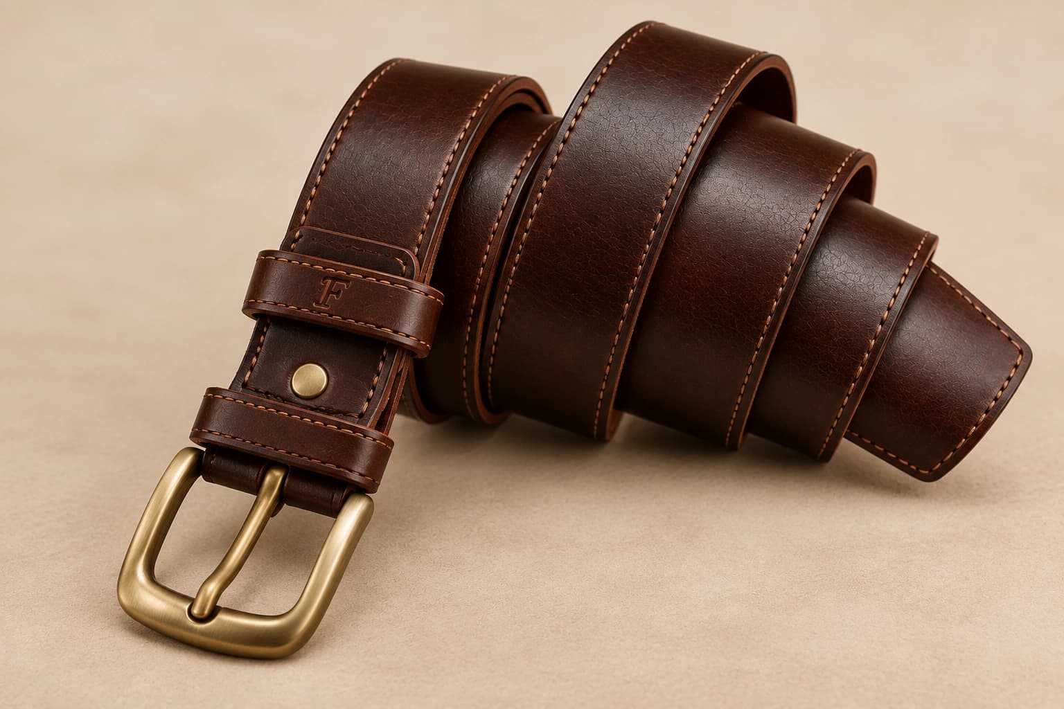 Brown Stitched Men’s Belt with Metal Pin Buckle